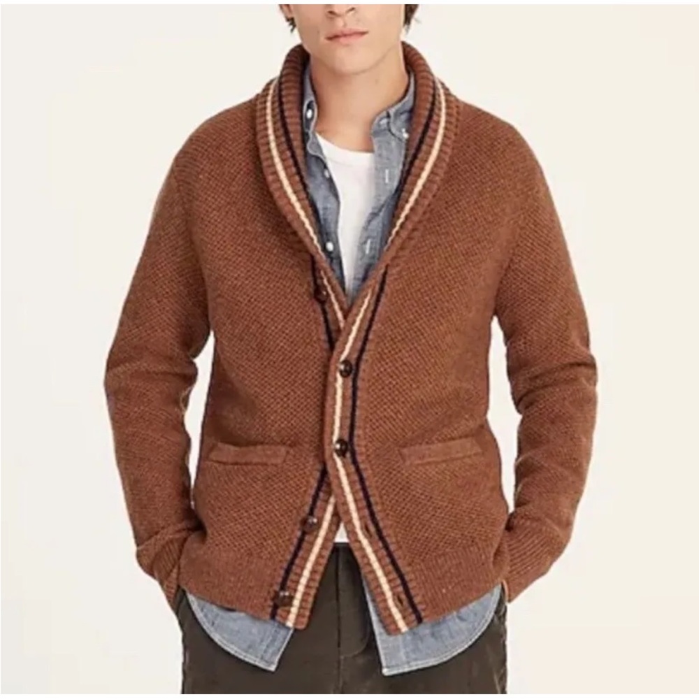 Textured rugged merino wool shawl cardigan with striped trim